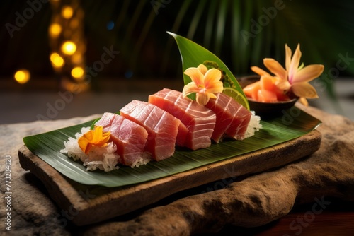 Exquisite sashimi on a palm leaf plate against a sandstone background