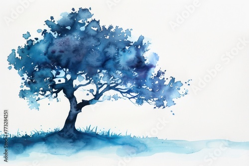  Landscape orientation blue watercolor tree for postcard illustration on blank white background