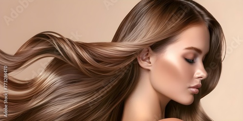 Woman with long brown hair featuring caramel balayage highlighting a beauty product at a salon. Concept Haircare, Balayage Highlights, Salon Experience, Beauty Product Features, Long Brown Hair