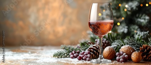   A glass of wine on a table  nearby pine cones and a Christmas tree adorned with lights
