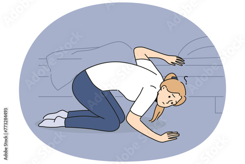 Confused woman looking under bed at home. Frustrated girl search for lost item in bedroom. Vector illustration.