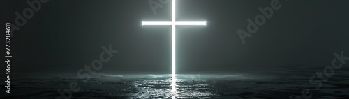 Modern neon crucifix, white glow of holy spirit, Jesus Christs symbol, stark black isolate