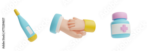 3D baby care kit - thermometer, medicines and adult support.