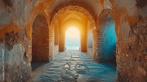   In a stone building  a tunnel ends with a brilliant light