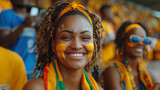 happy african female soccer fan in a full stadium recording the game with phone,generative ai