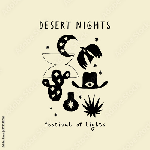 Western design elements  and desert nights quote, design print element for poster, t shirt