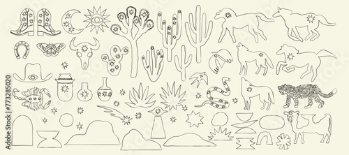 Collection western design elements, hand draw, black color