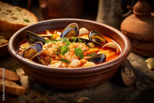 Juicy bouillabaisse in a clay dish against a sandstone background