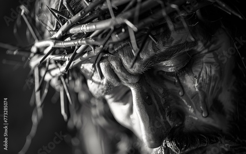 A poignant portrayal in black and white of a sculpture with a crown of thorns, reflecting a somber and contemplative emotion.