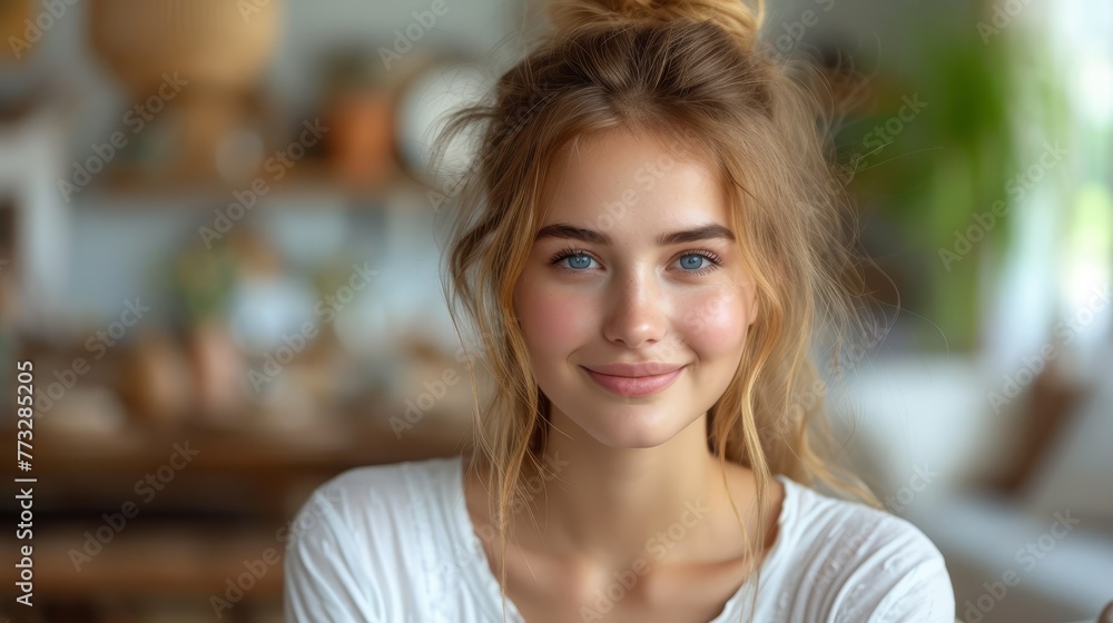 A tight shot of an individual wearing a white shirt, with a potted plant faintly visible behind Foreground features a blurred image of a woman A tight shot of an individual wearing a white shirt, with a potted plant faintly visible behind Foreground features a blurred image of a woman