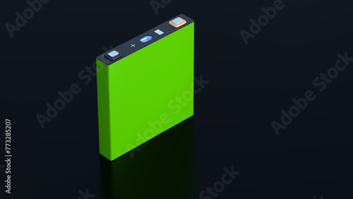 prismatic cell, green rectangular lithium ion phosphate LFP battery for modern electric vehicles and energy storage, 3d rendering
