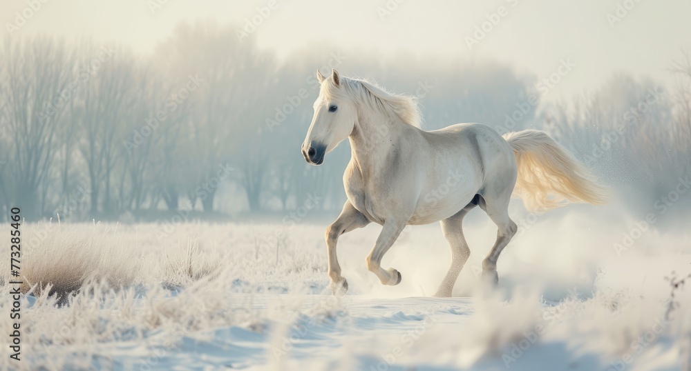   A white horse gallops through a snowy field, trees dotting the background as a light dusting of snow covers the ground