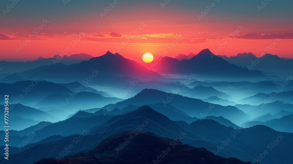 Sun setting in the distance, sun rising over nearby mountains Sun setting in the distance, sun rising over nearby mountains