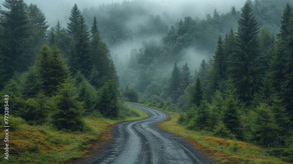 A dirt path through forest fog, bordered by trees on each side A dirt path through forest fog, bordered by trees on each side