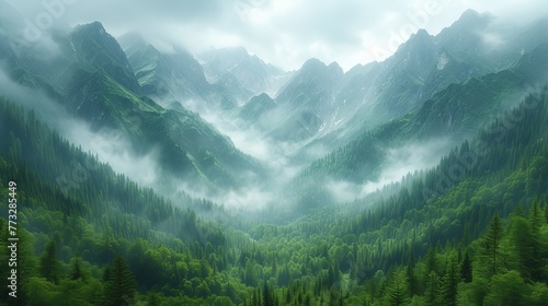   A mountaineous backdrop featuring trees in the foreground and a foggy sky photo