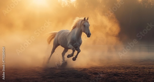   A white horse gallops through an open field  kicking up dust Trees line the backdrop