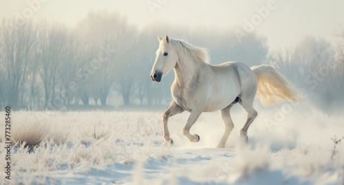   A white horse gallops through a snowy field  trees dotting the background as a light dusting of snow covers the ground