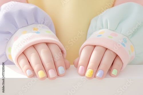 Child shows off painted nails on pastel background