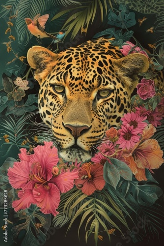   A leopard painted among tropical plants and flowers  with a bird perched above and another below