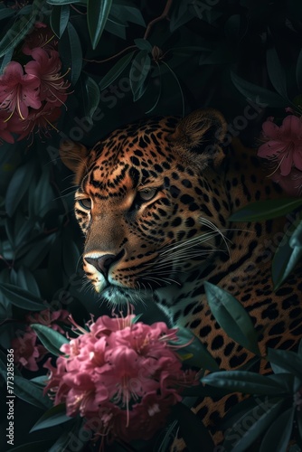   A leopard in a tree among pink flowers