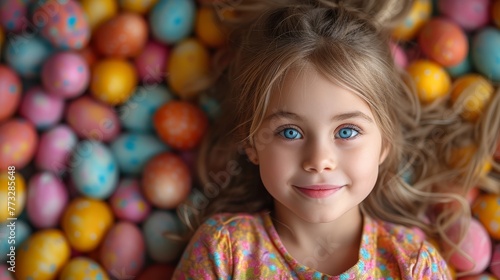  A small girl with blue eyes stands before a mound of multi-colored eggs Her hair flutters in the wind