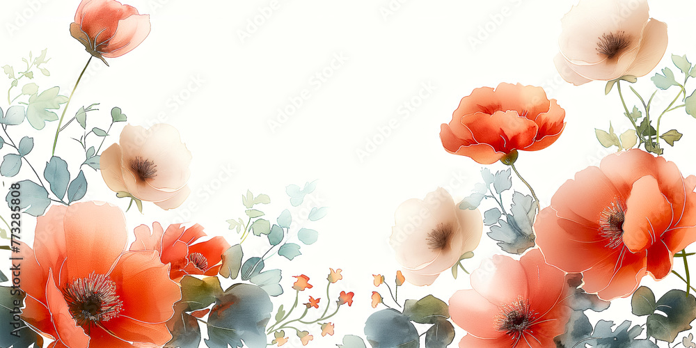 Vibrant Poppy Watercolor Border. A beautiful painting of a flower garden with a white background - obrazy, fototapety, plakaty 