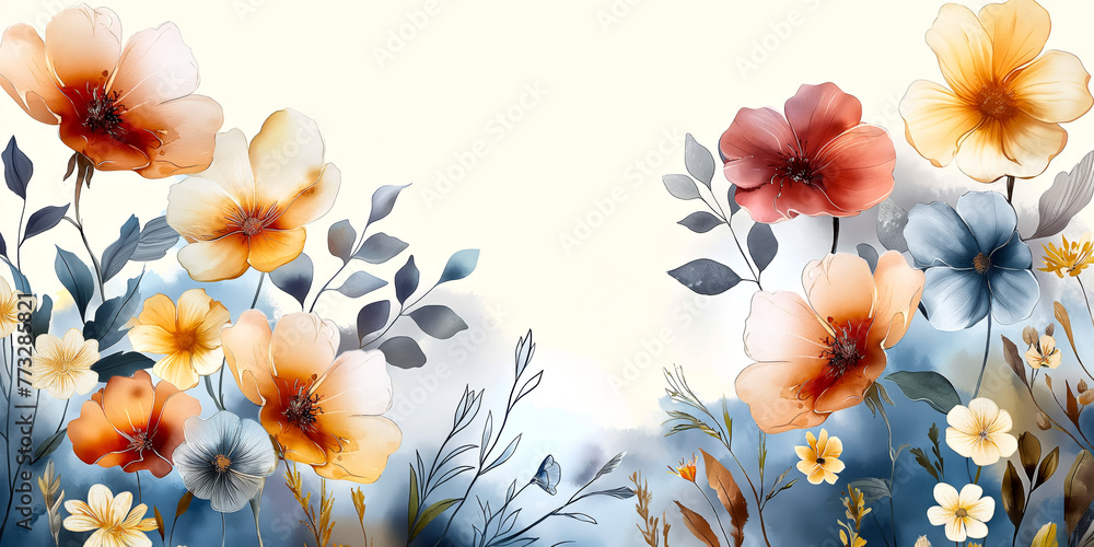  Warm Floral Watercolor banner.  A colorful flower field - obrazy, fototapety, plakaty 