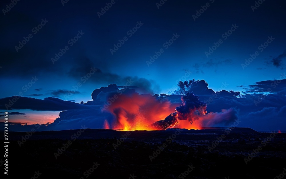 A volcanic eruption unfolds under a starlit sky, its fiery lava streams ...