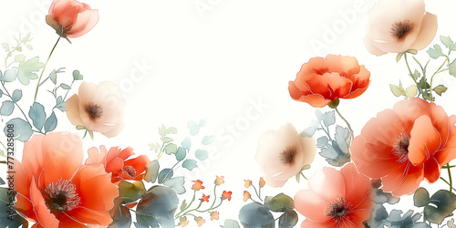 Vibrant Poppy Watercolor Border. A beautiful painting of a flower garden with a white background