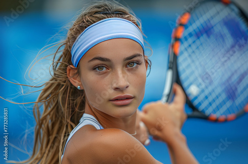 female tennis player in action near the net,generative ai © Krisana