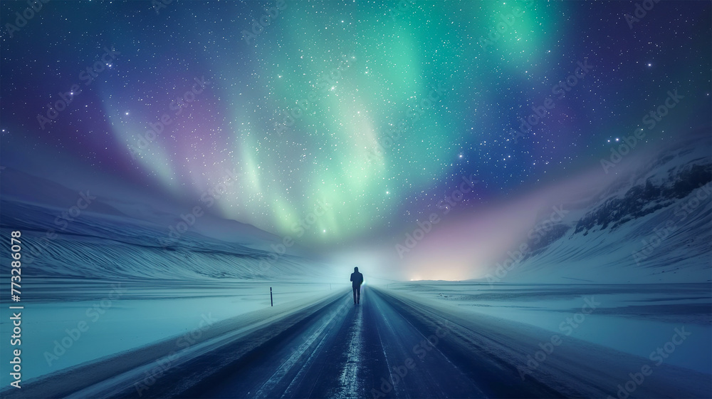 Woman walking on the road in winter landscape with starry sky and milky way, Man walking on the road in winter landscape with aurora borealis