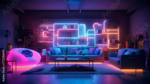 Interior of the room with neon lighting and sofa  waiting room  futuristic room with neon lighting and modern design 