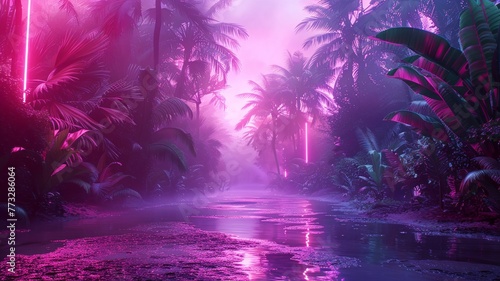 Electric neon outline in a lush jungle environment photo