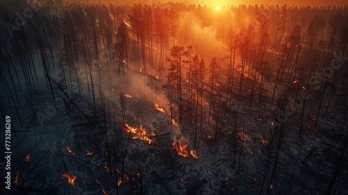 Drone view of wildfire aftermath next to untouched woodland