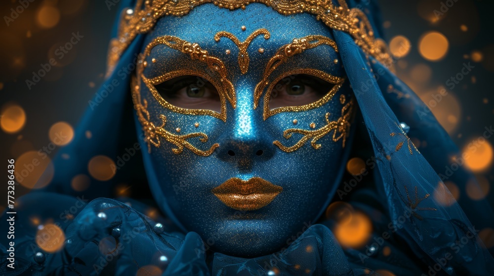   A tight shot of an individual donning a mask with blue and gold hues, topped with a blue veil