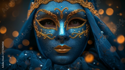  A tight shot of an individual donning a mask with blue and gold hues, topped with a blue veil