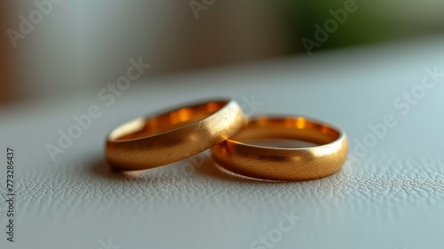   Two gold wedding rings atop a white-clothed table with a softly blurred background