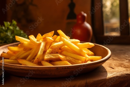 Hearty french fries on a rustic plate against a sandstone background
