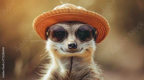  Meerkat in hat and goggles, gazes at camera against blurred backdrop