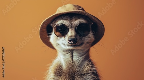  A meerkat donning a hat and sunglasses atop its head