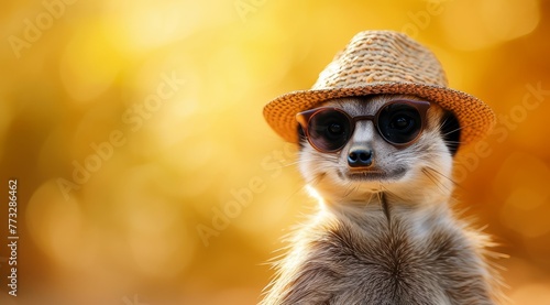  A small meerkat donning a straw hat and sunglasses, wearing a hat atop its head