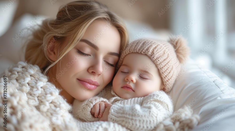 A woman cradles a snoozing baby in her arms, dressed in a white sweater She dons a knitted hat atop her head A woman cradles a snoozing baby in her arms, dressed in a white sweater She dons a knitted hat atop her head