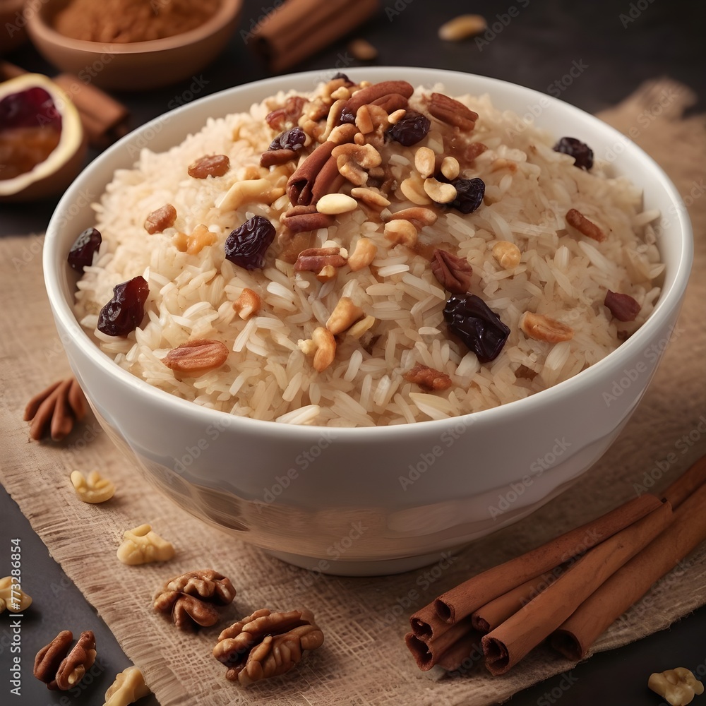 Rice bowl with nuts raisins and cinnamon sticks Rice bowl with nuts raisins and cinnamon sticks