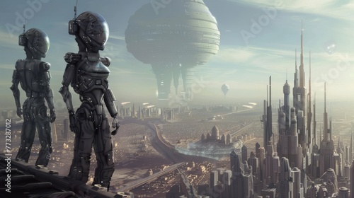 Futuristic cityscape with two humanoid robots towering over the city, large hovering structures in the sky and tall, sleek buildings