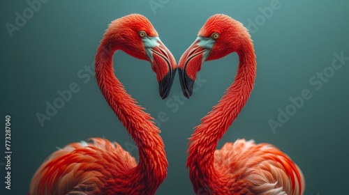   Two flamingos forming a heart shape, beaks touching