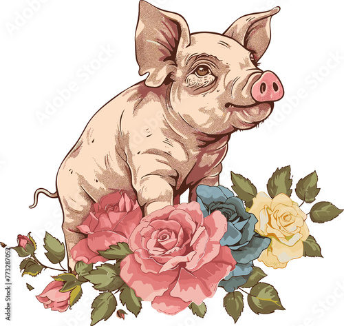 Adorable Pig with Floral flowers Vintage Vector Illustration photo