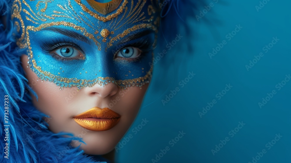   A woman in a blue-gold mask with feathered headpiece is prominently displayed against a blue backdrop