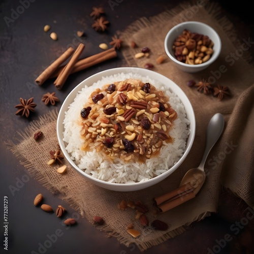 Rice bowl with nuts raisins caramel and cinnamon sticks