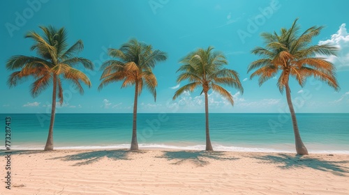   A line of palm trees atop a sandy beach  against a backdrop of a clear blue sky  and a body of water behind
