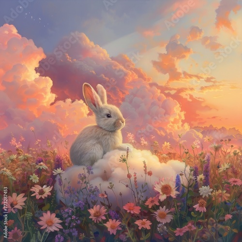 Blissful rabbit on a cloud, over a meadow blooming with endless flowers at sunset